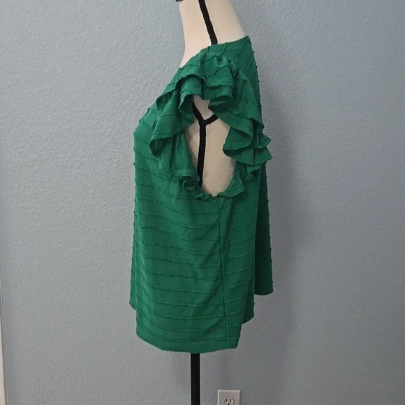 ANTHROPOLOGIE Double Ruffle Emerald Short Sleeve Blouse Top Rounded Neck Sz XL - Picture 5 of 11